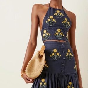 Agua bendita castaña embroidered linen halter crop top